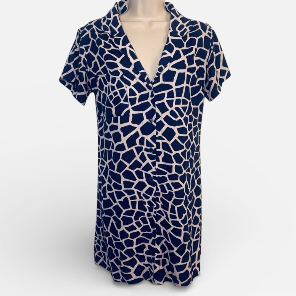 XIX Palms Nineteen Palms Giraffe Print Button Down Dress - Blue and Cream XS
